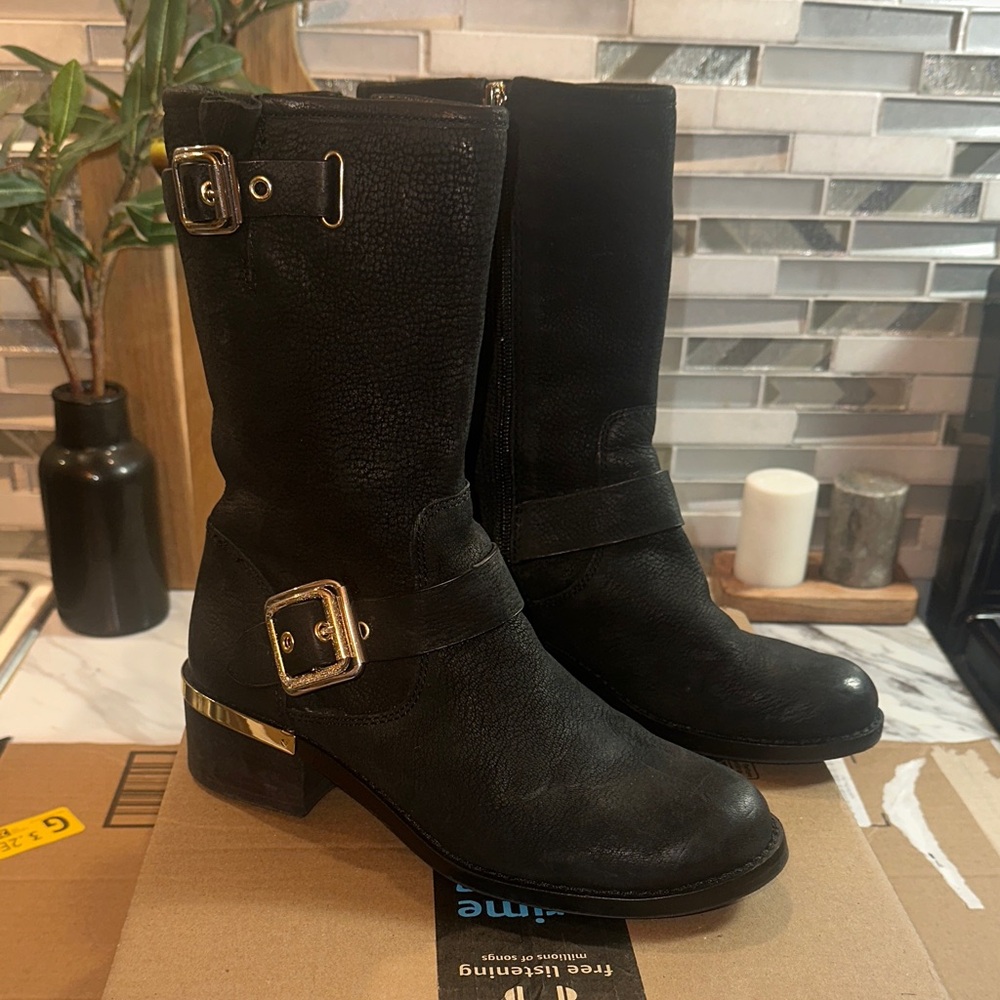 Vince Camuto - Black Mid-Calf Buckle Leather Boots - Women's